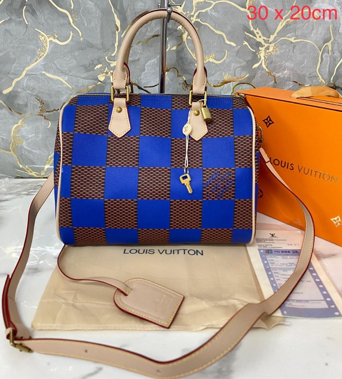 borsa Louis Vuitton Speedy Bandoulière in tela Damier Pop blu e marrone - con chiave e lucchetto
