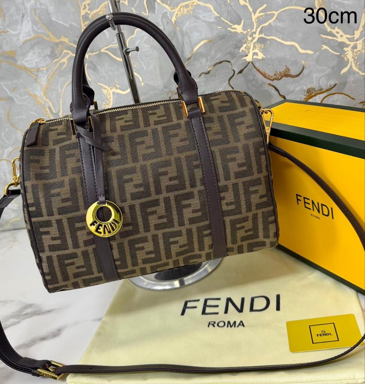 Fendi Roma tipo baule in tela con motivo FF marrone e pelle marrone
